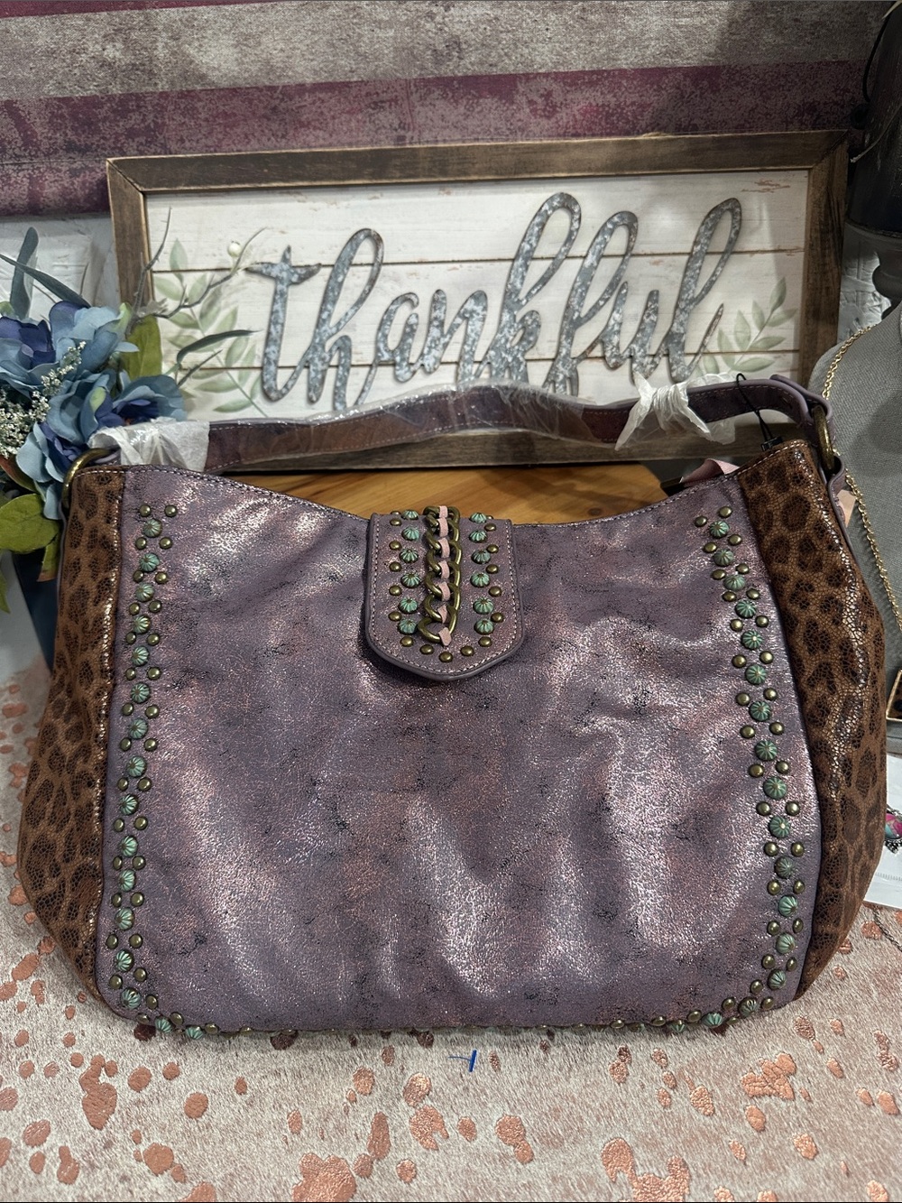 NWT Montana West Metallic purple Shoulder Bag with Leopard Side Panels